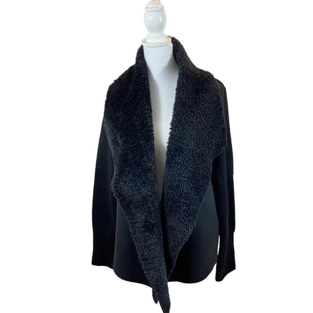 Chelsea‎ & Theodore Black Faux Suede, Faux Fur and Knit Black Cardigan Sweater L
